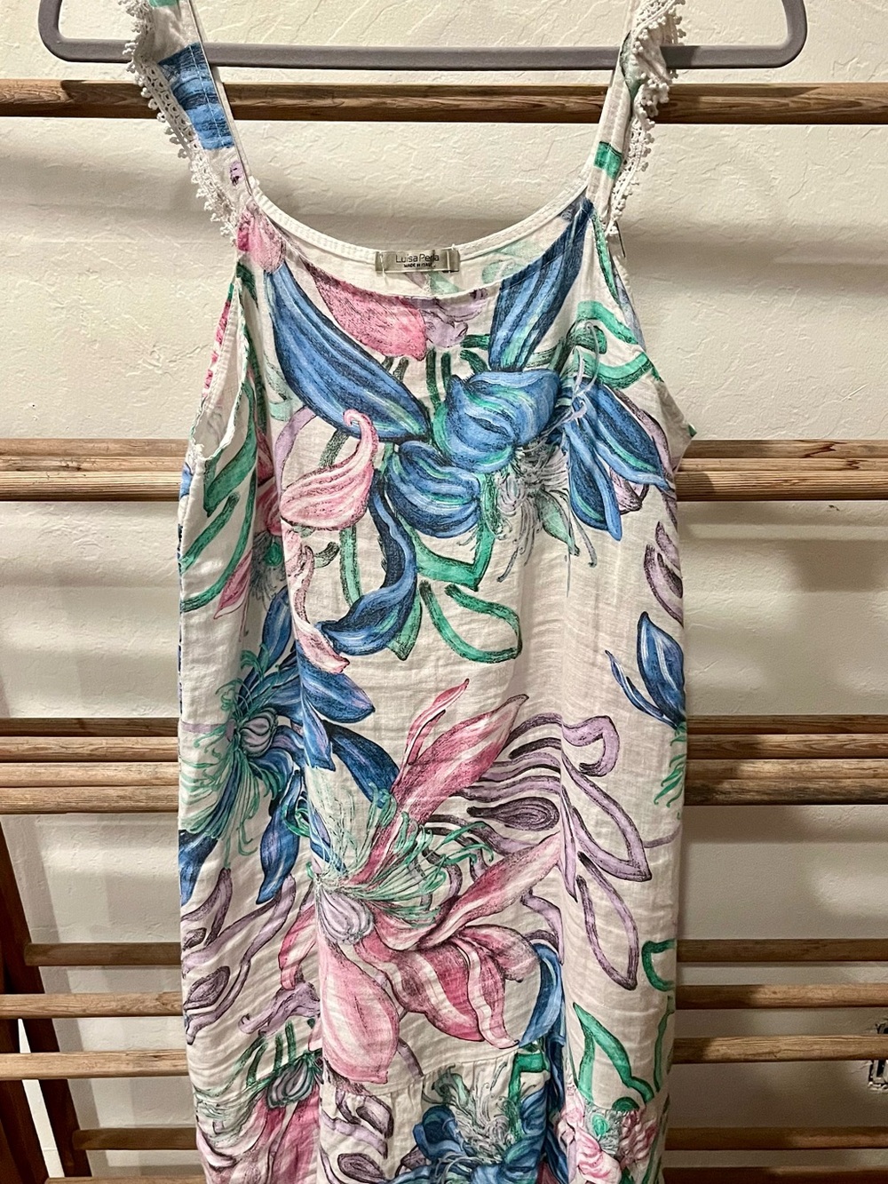100% Linen Made in Italy Floral Sleeveless Summer Slip Dress - Pink Blue Green